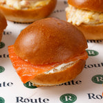 Mini breakfast roll with smoked salmon and cream cheese, Route Catering London