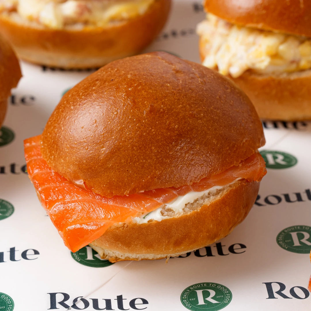 Mini breakfast roll with smoked salmon and cream cheese, Route Catering London