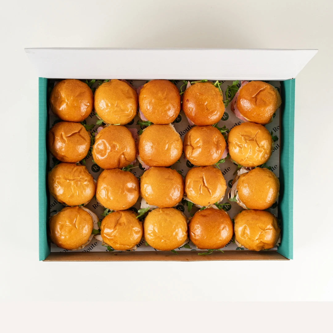Mini Christmas Sandwich Platter in a Route Catering delivery box from above