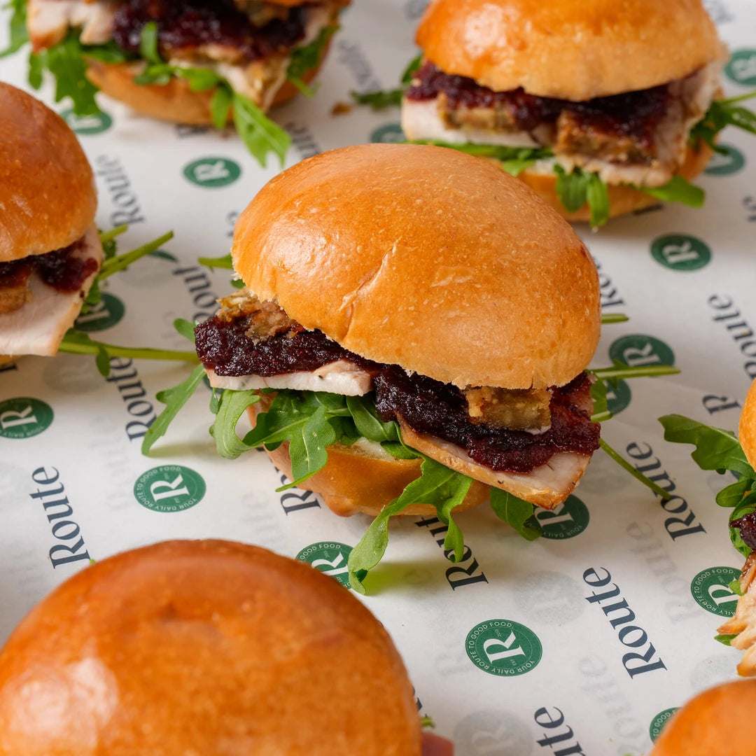 Close-up of a mini Christmas brioche sandwich roll - Route Catering