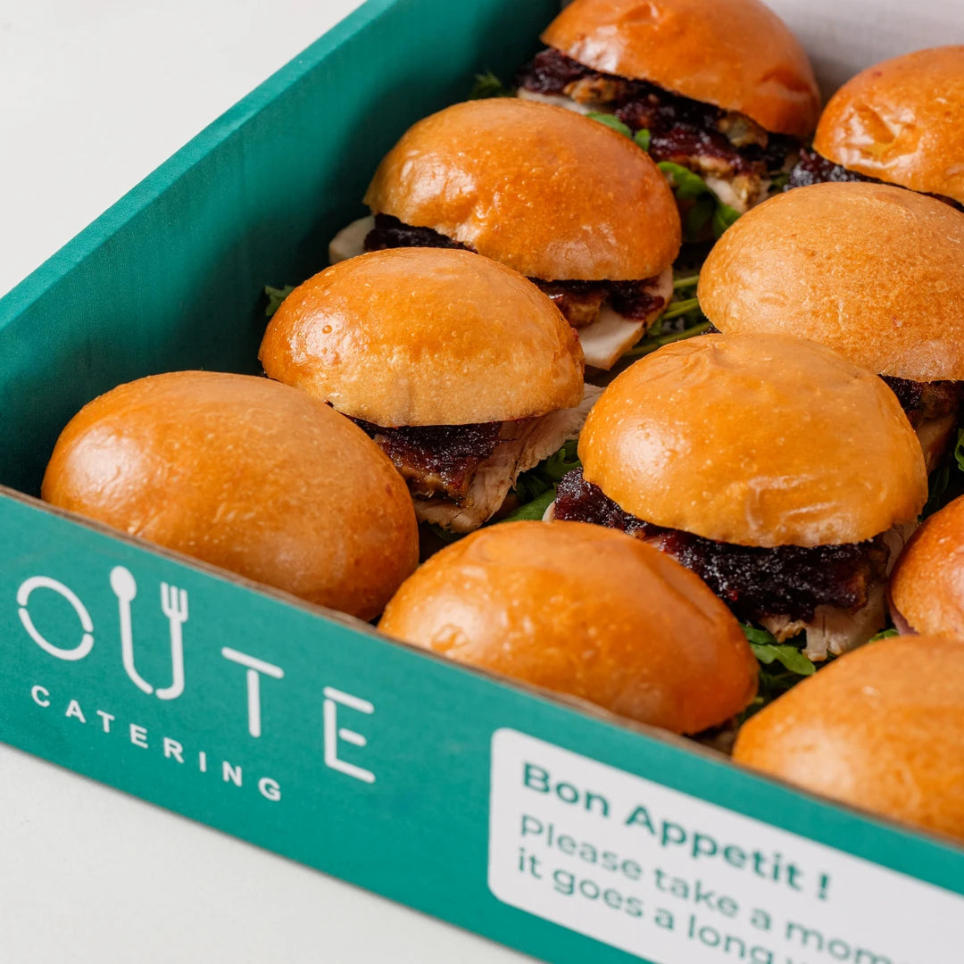 Mini Christmas sandwich rolls packed in the Route Catering box, close-up