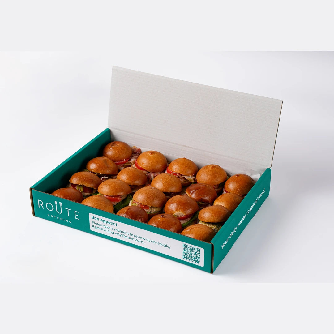 Mini sandwich platter in Route Catering delivery box, 20 per platter