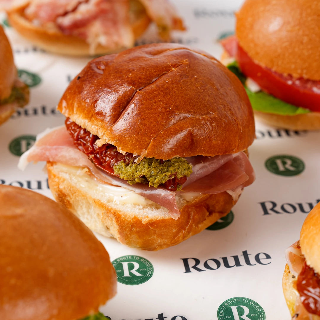 Mini sandwich with bacon and tomato, corporate catering London, Route Catering