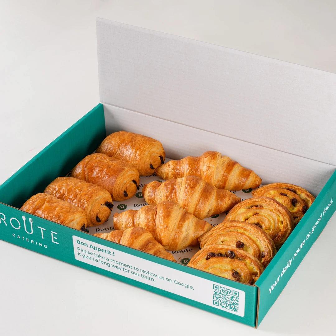 Mixed Pastry Platter delivery box opened, serves 12 - Route Catering