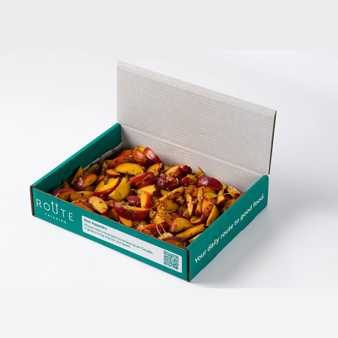 Peach salad in Route Catering delivery box, serves 6, London
