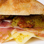 Close up of prosciutto, mozzarella and pesto focaccia, Route Catering London
