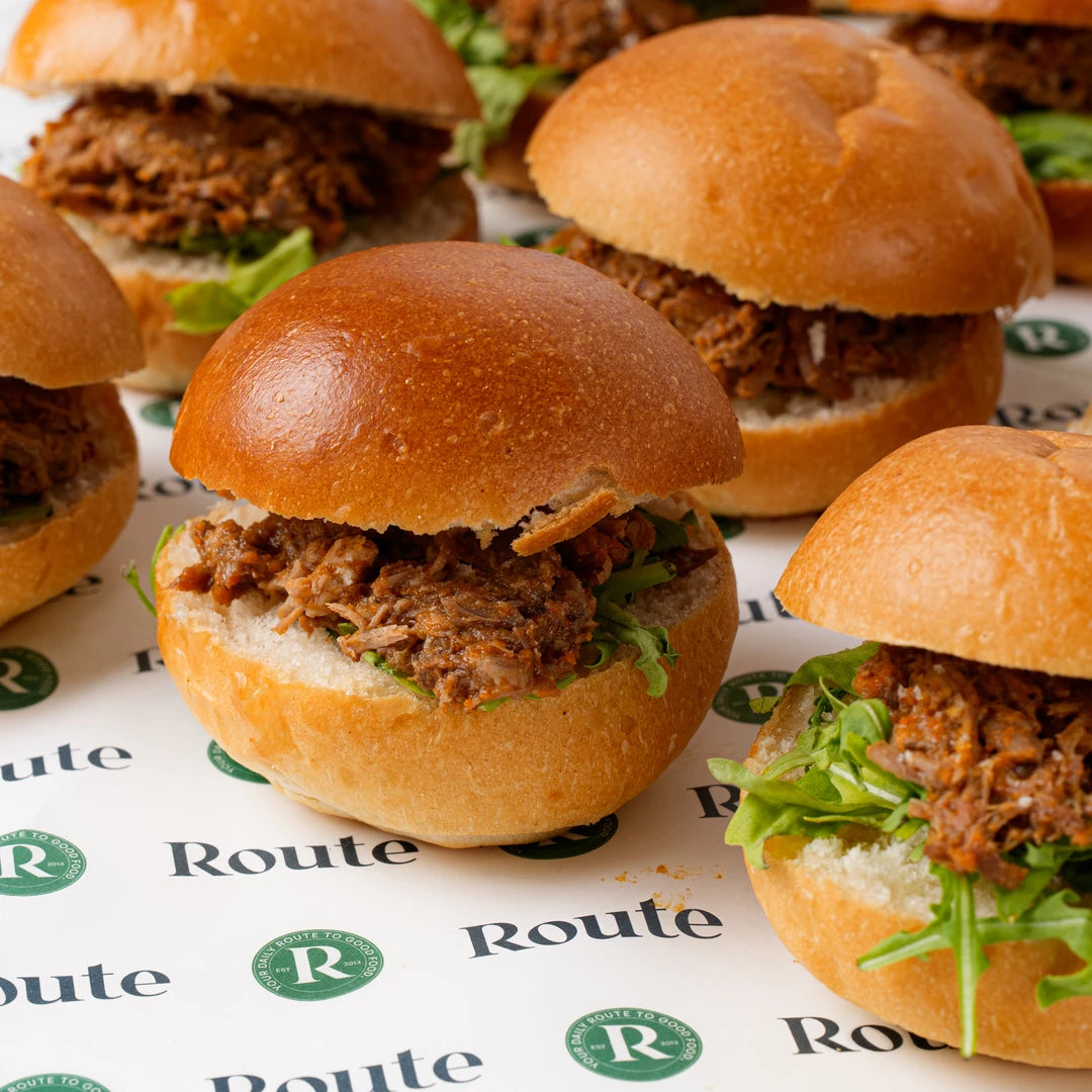 Close up of pulled lamb slider in a brioche bun, Route Catering London
