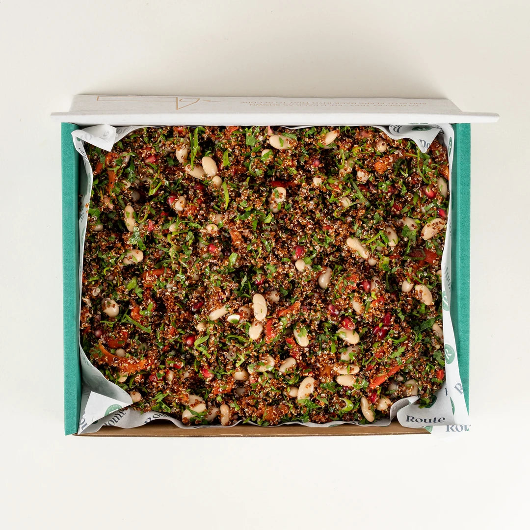 Red Quinoa Salad in a Route Catering delivery box from above