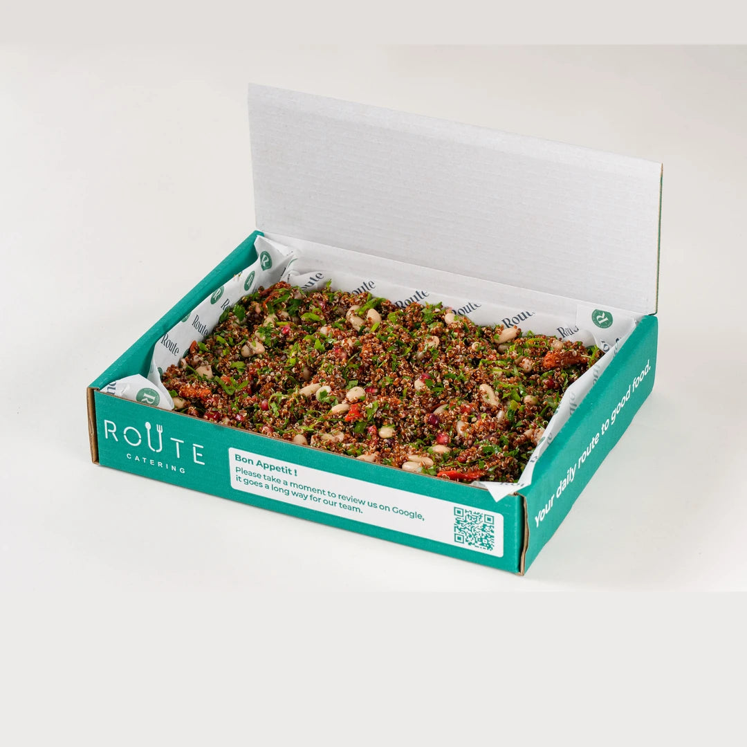 Red Quinoa Salad delivery box opened - Route Catering