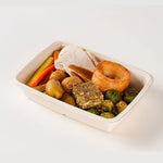 Roast Chicken Dinner box, angled view with gravy - Route Catering