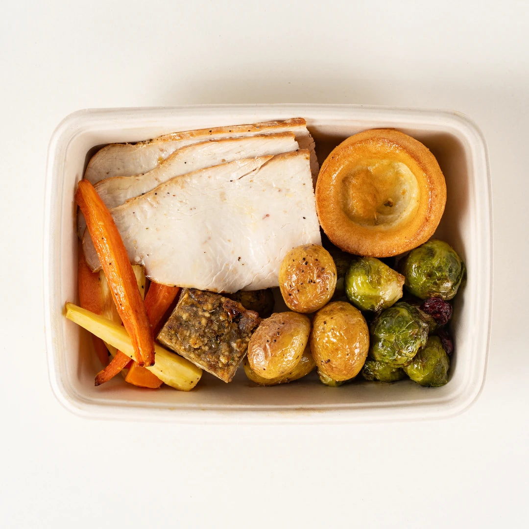 Roast Turkey Dinner box from above with turkey, Yorkshire pudding, stuffing, roast potatoes, sprouts, carrots and parsnips - Route Catering