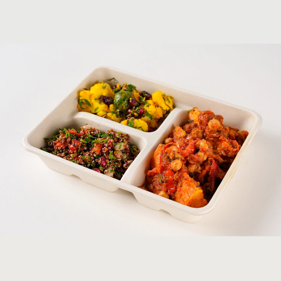 Roasted Sweet Potato with Chickpea Salsa Lunchbox, angled view of the vegan hot lunch box - Route Catering