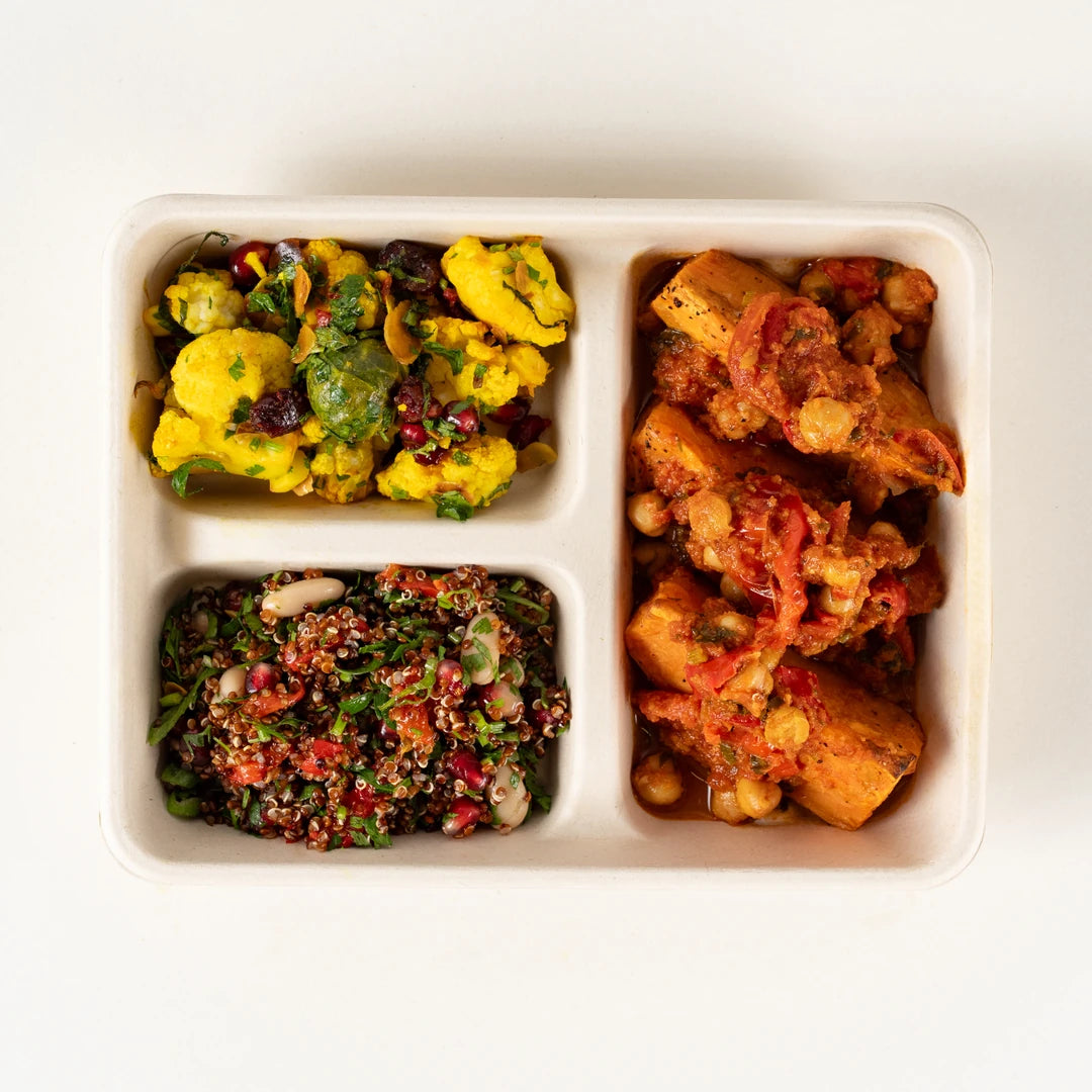 Roasted Sweet Potato with Chickpea Salsa Lunchbox from above with cauliflower and Brussels sprout salad and red quinoa salad - Route Catering