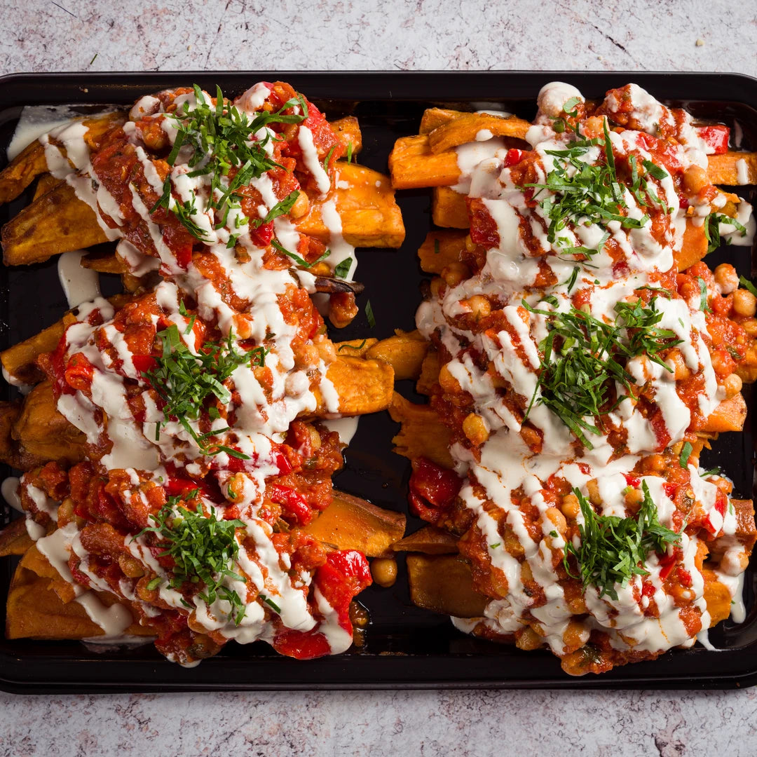 Roasted sweet potato platter topped with chickpea salsa and herbs by Route Catering, serves 6