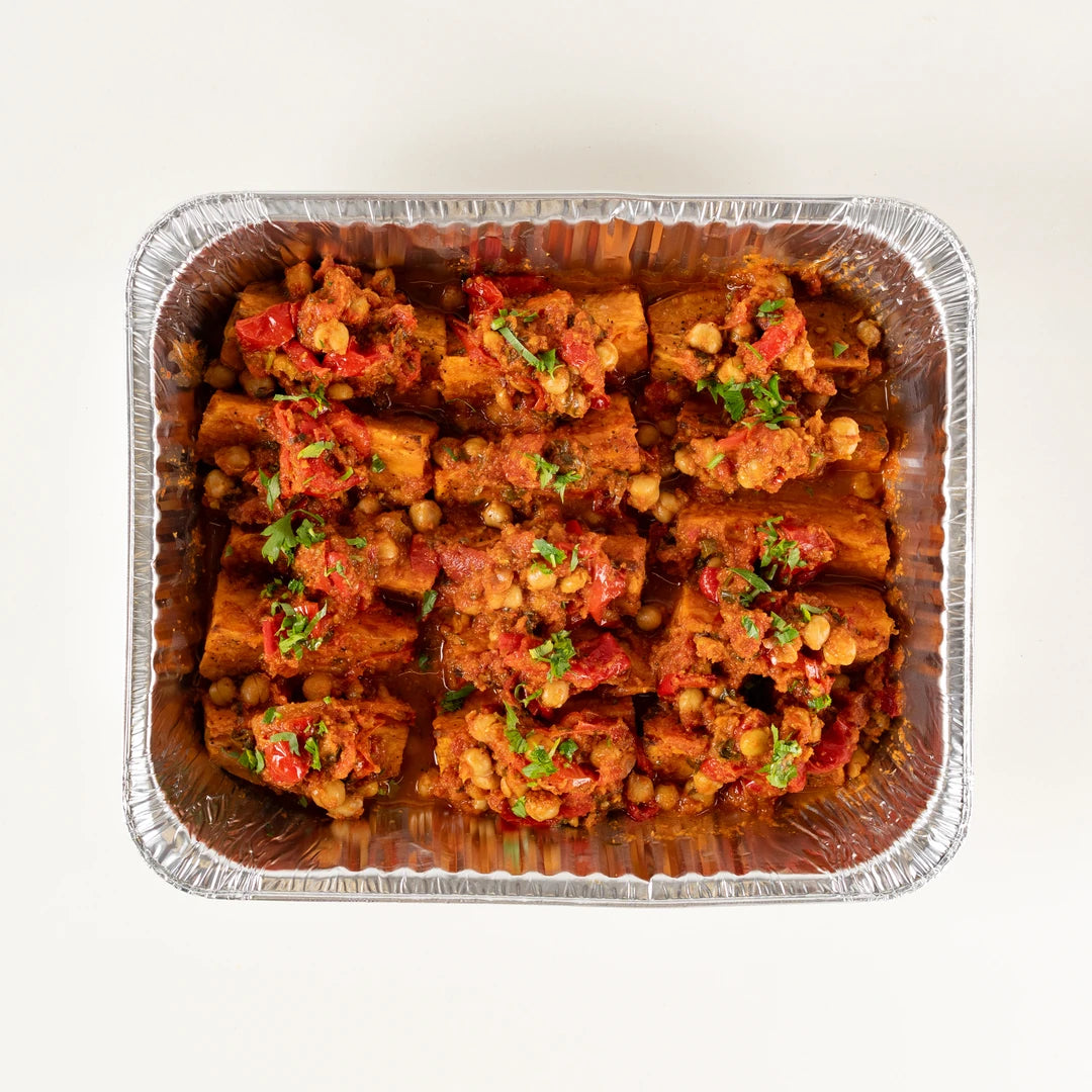 Roasted Sweet Potato with Chickpea Salsa platter for six in a foil tray from above - Route Catering