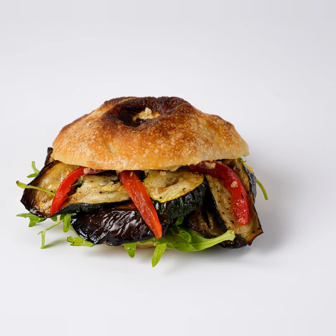 Roasted vegetable focaccia with hummus and rocket, vegan catering London