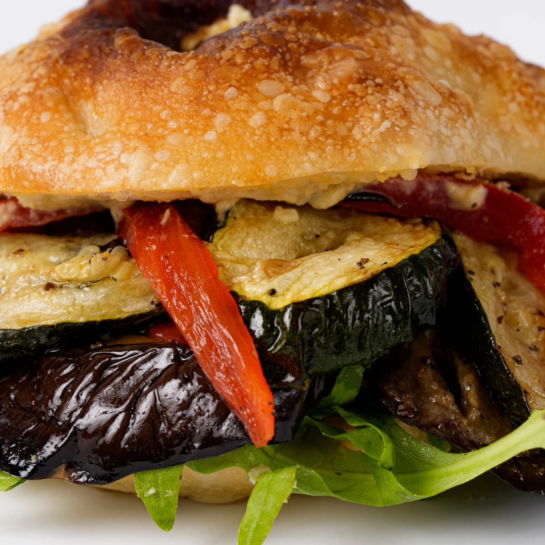 Close up of roasted aubergine, courgette and pepper focaccia, Route Catering London