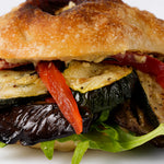 Close up of roasted aubergine, courgette and pepper focaccia, Route Catering London