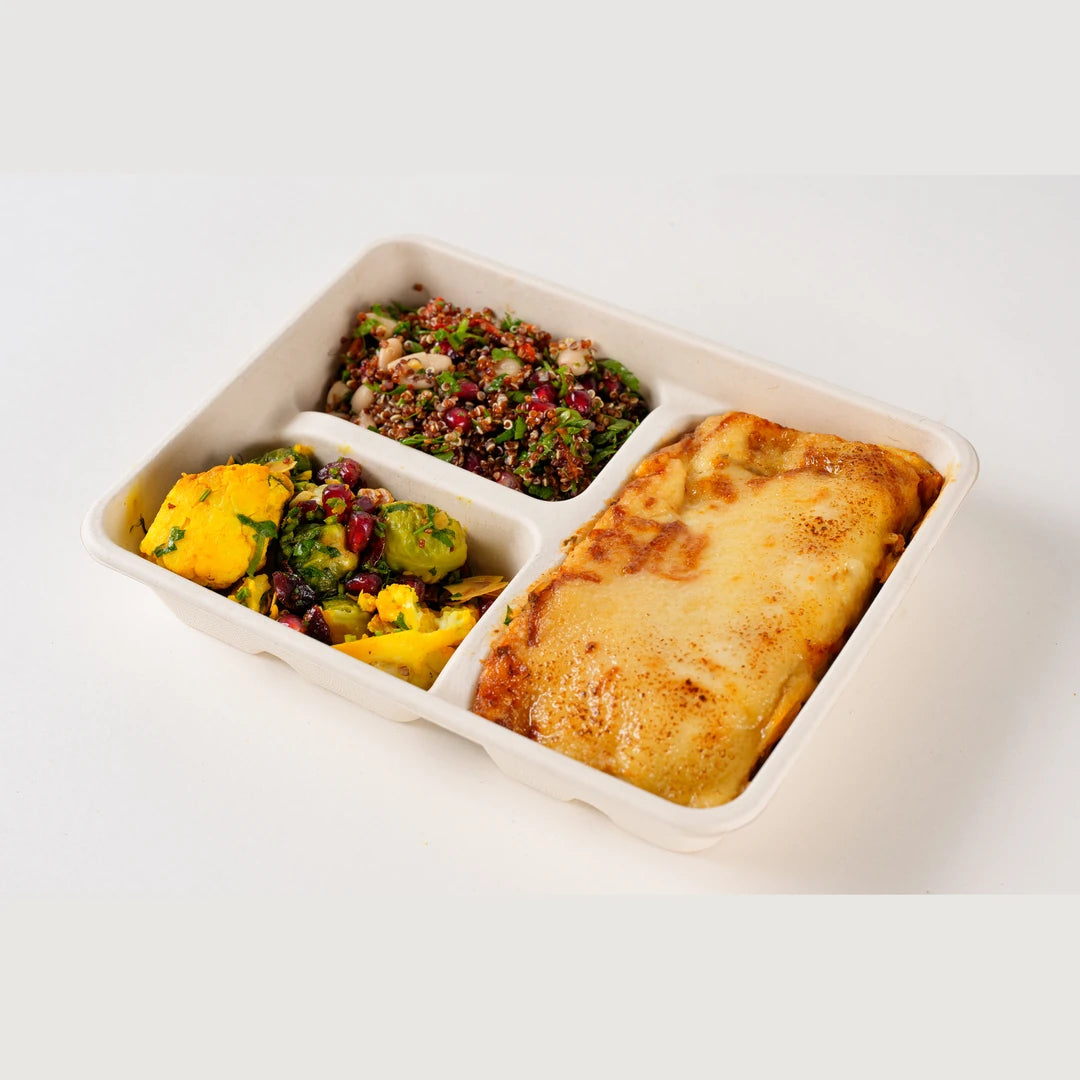 Roasted Vegetable Lasagne Lunchbox, angled view of the three-compartment box - Route Catering