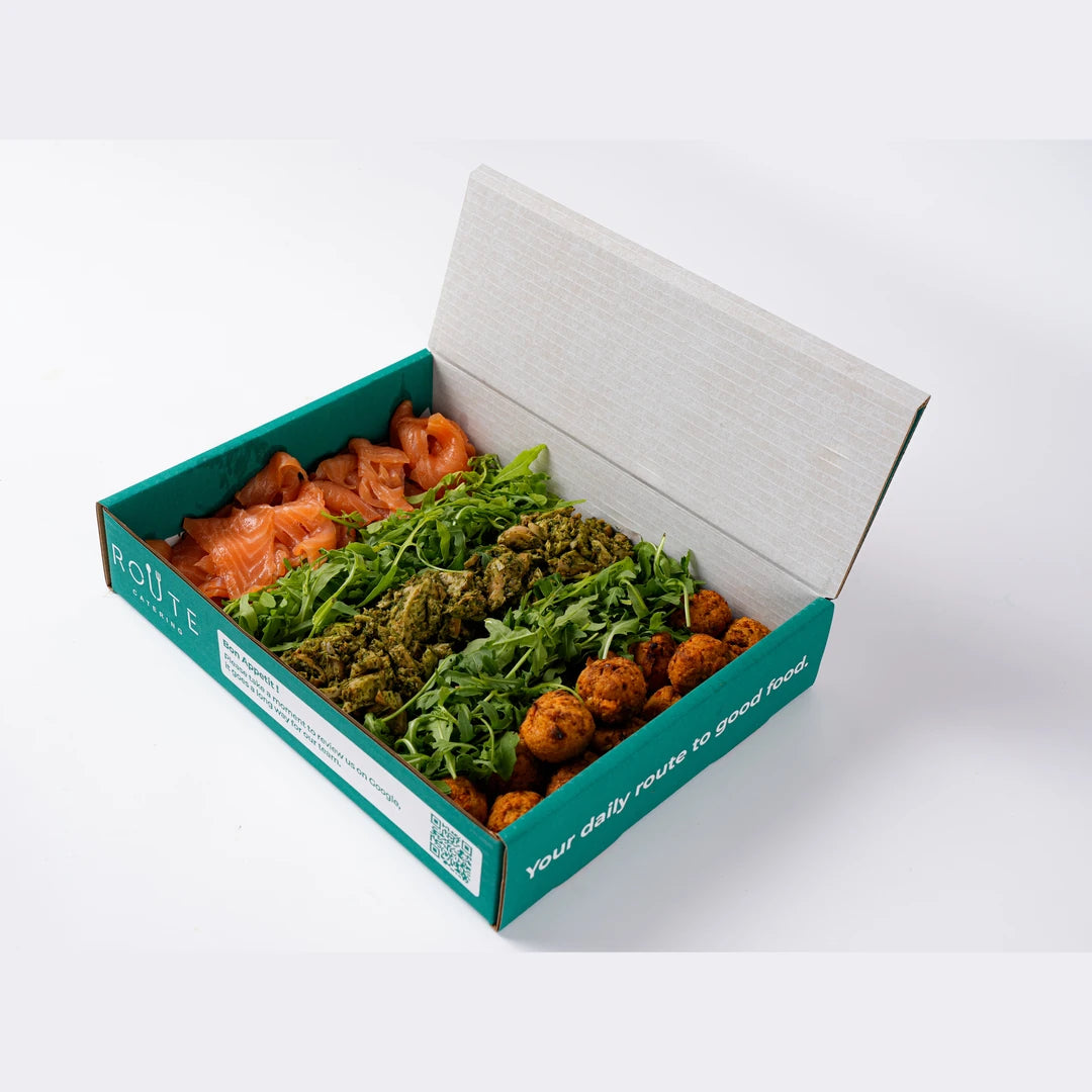 Protein combo platter in Route Catering delivery box, serves 6, London