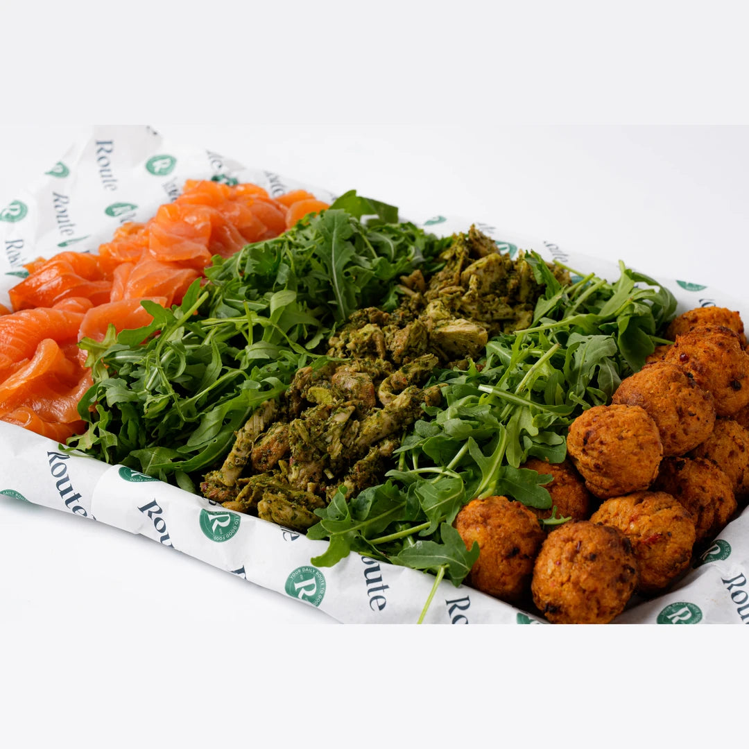 Smoked salmon, rocket and vegan kofte sharing platter, Route Catering London