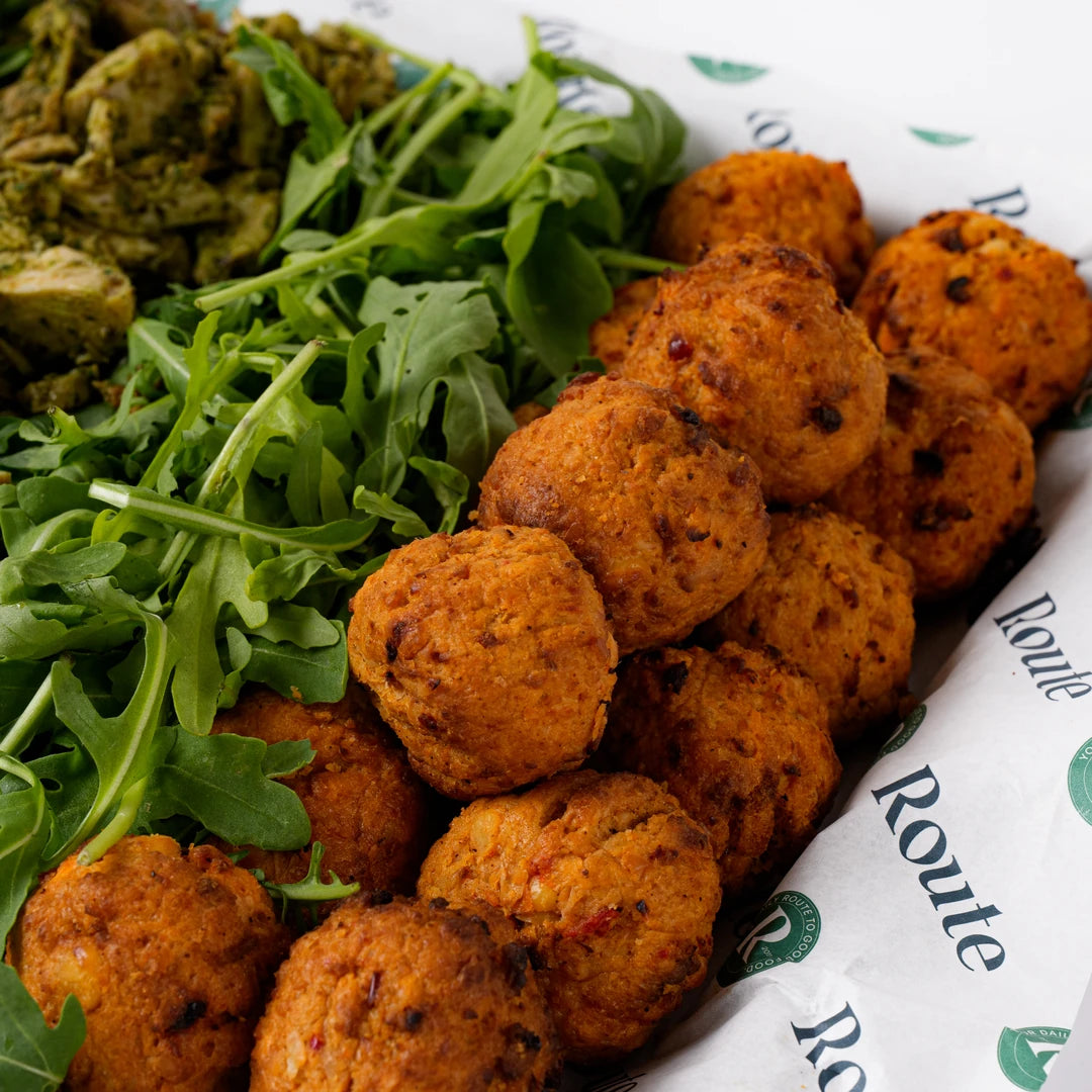 Close up of vegan kofte with rocket, corporate catering London, Route Catering