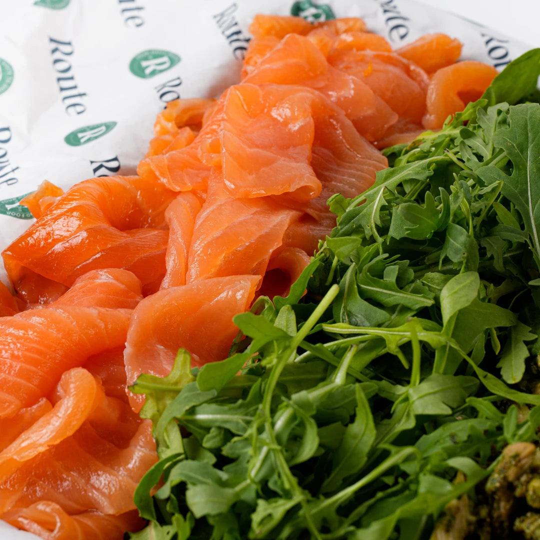 Close up of smoked salmon with rocket, corporate catering London, Route Catering