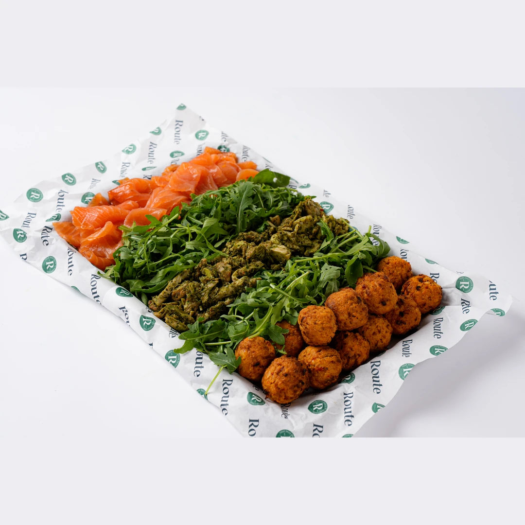 Salad and protein sharing platter for meetings, Route Catering London