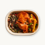 Salmon Lunch Box with smoked salmon, red quinoa salad and carrot and parsnip salad from above - Route Catering