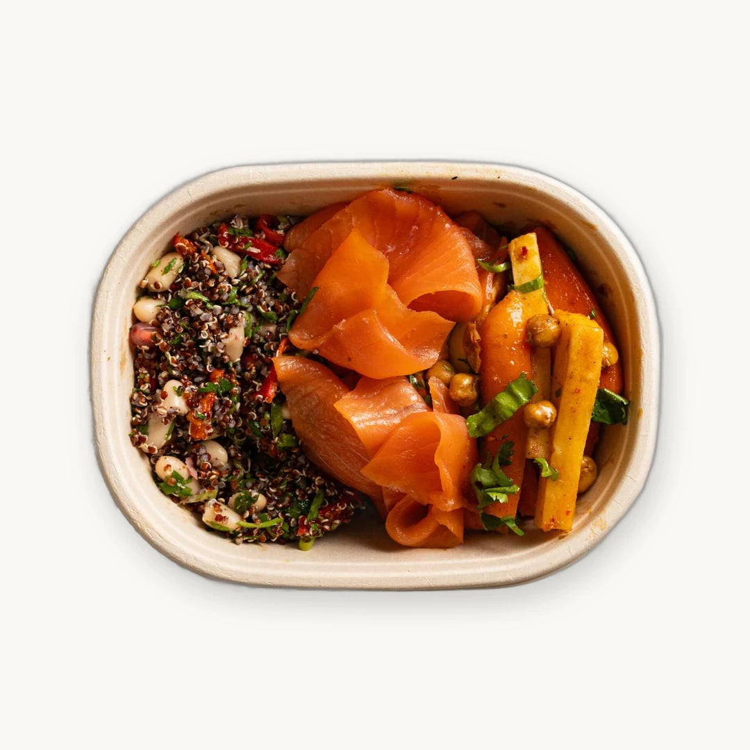 Salmon Lunch Box with smoked salmon, red quinoa salad and carrot and parsnip salad from above - Route Catering