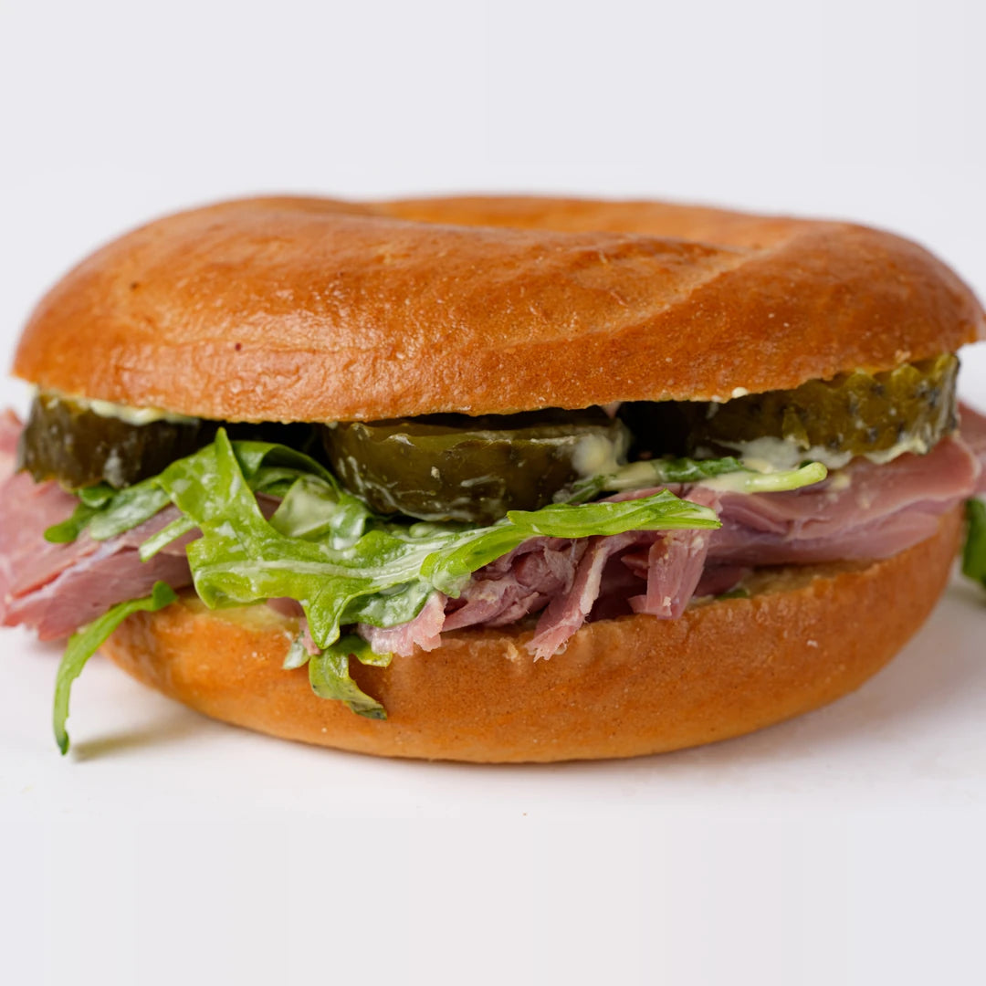Salt beef bagel with pickles and lettuce, Route Catering London