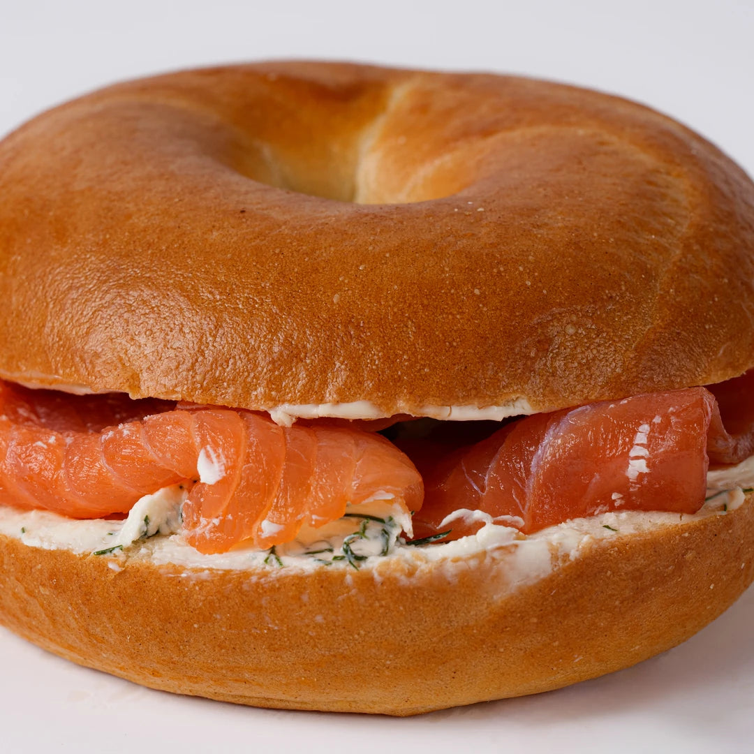 Close up of Scottish smoked salmon, cream cheese and dill bagel, Route Catering London