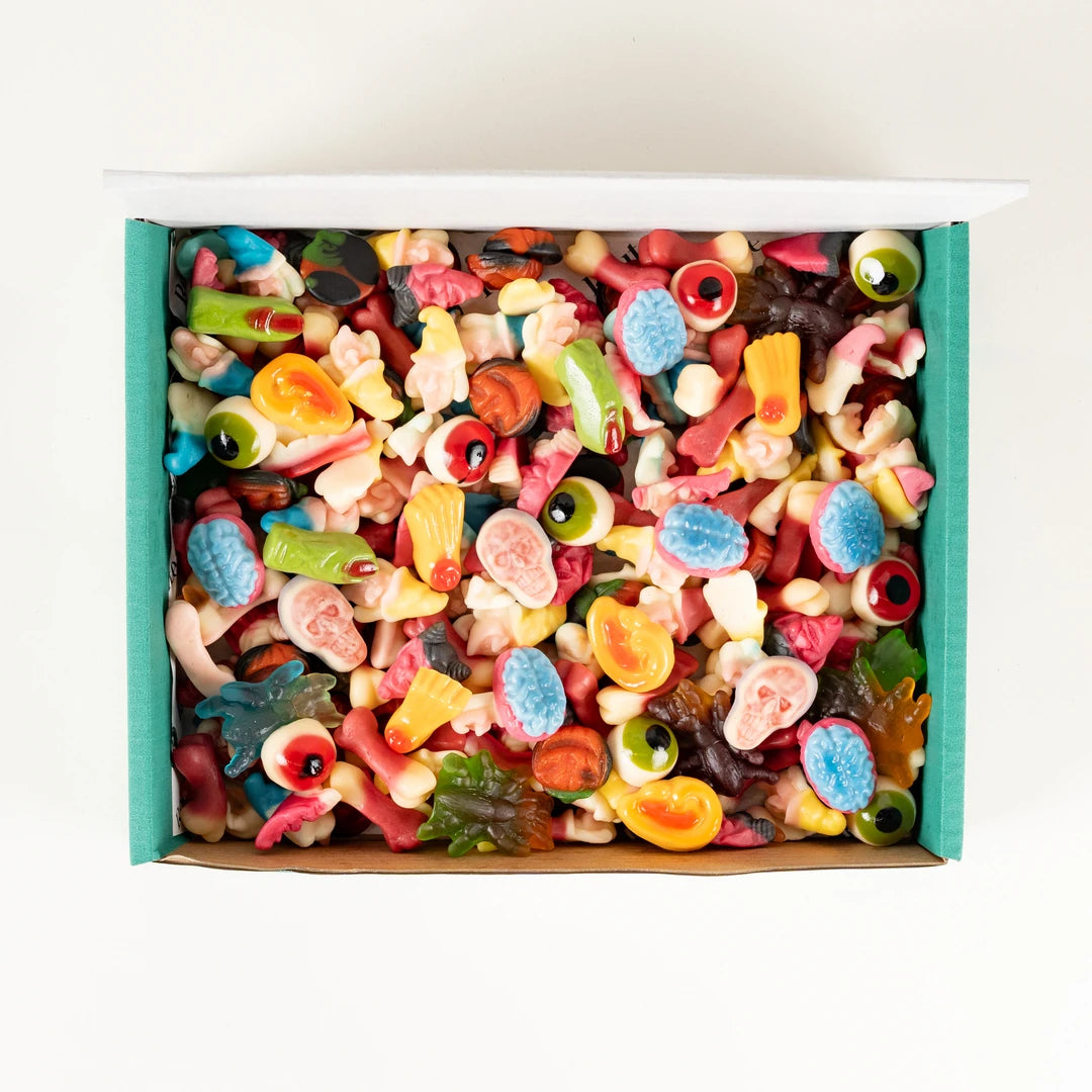 Spooky Pick n Mix Sweets Halloween platter of gummy eyeballs, brains and fangs from above - Route Catering
