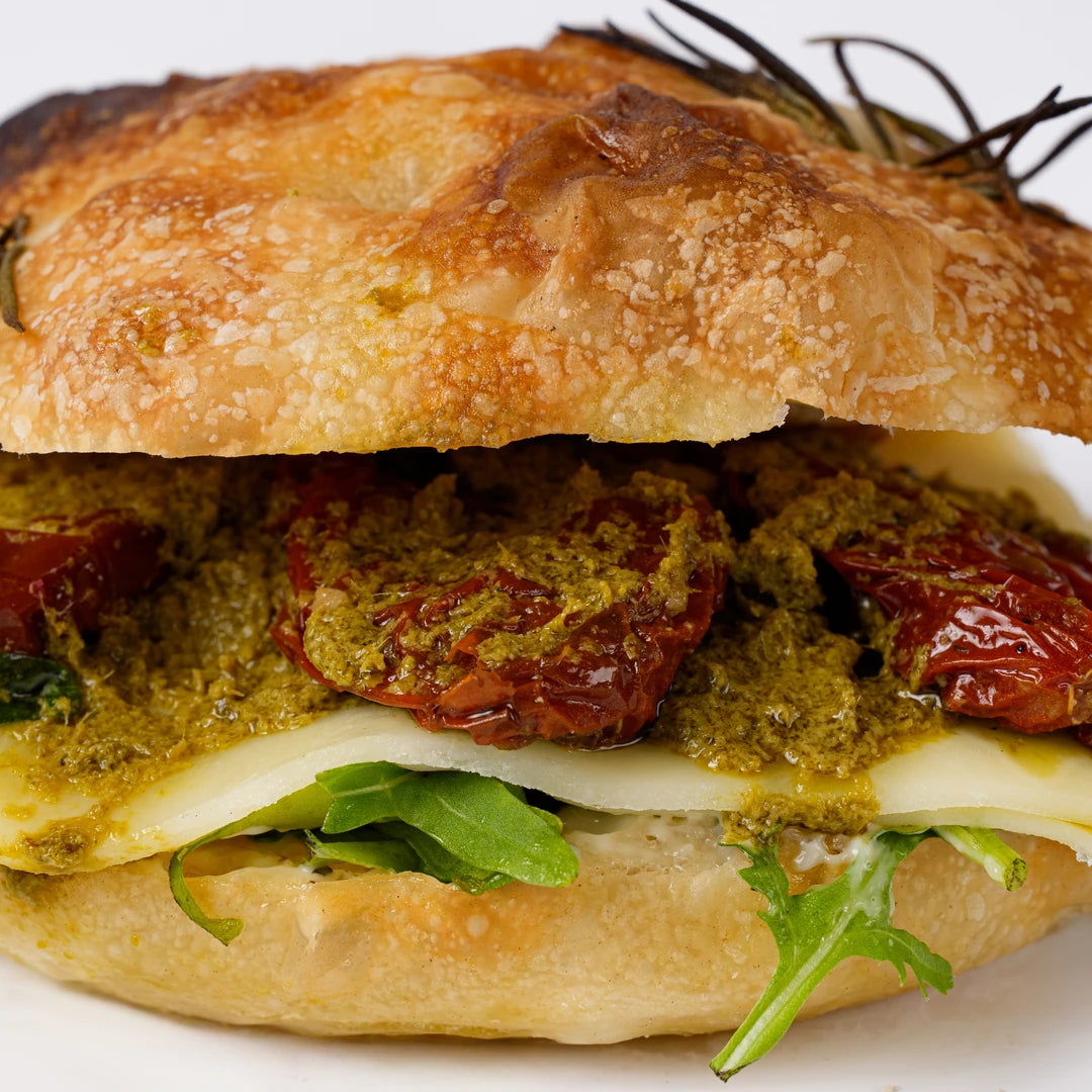 Close up of sundried tomato, mozzarella and pesto focaccia, Route Catering London