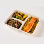 Sweet Chilli Glazed Salmon Lunchbox, angled view of the three-compartment box - Route Catering