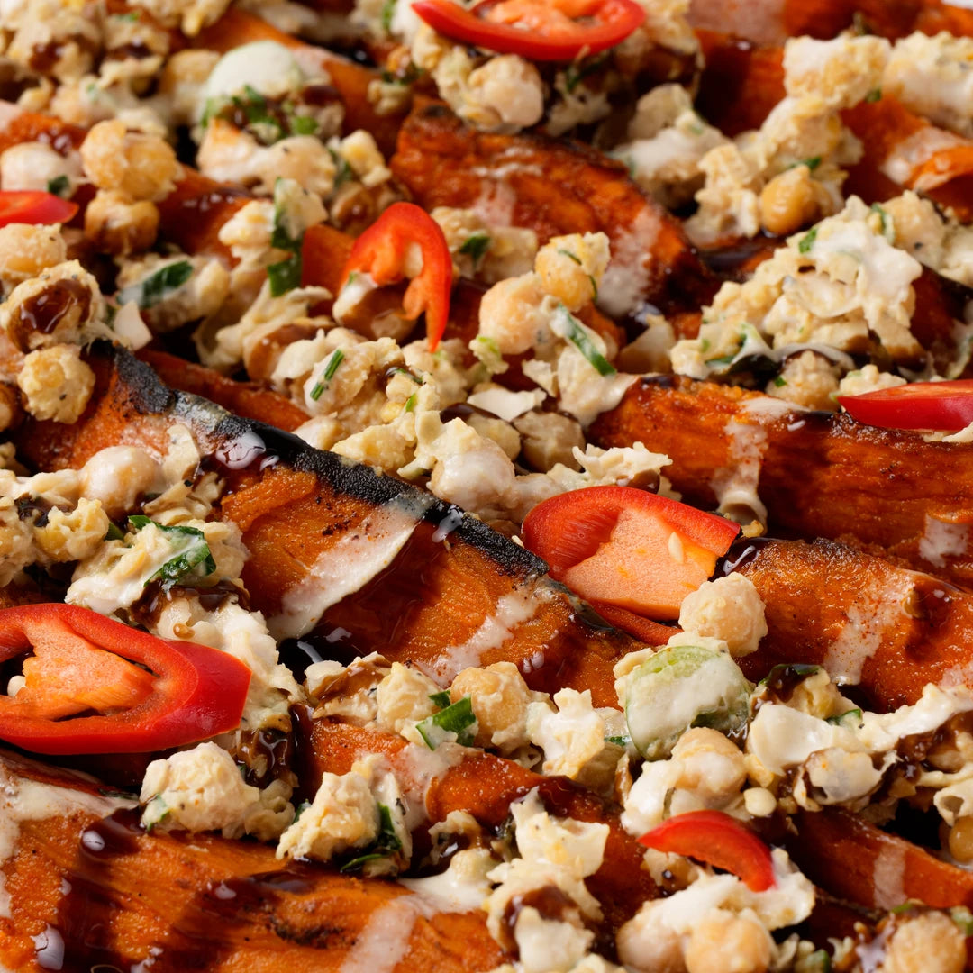 Close up of roasted sweet potato with chickpeas and chilli, Route Catering London