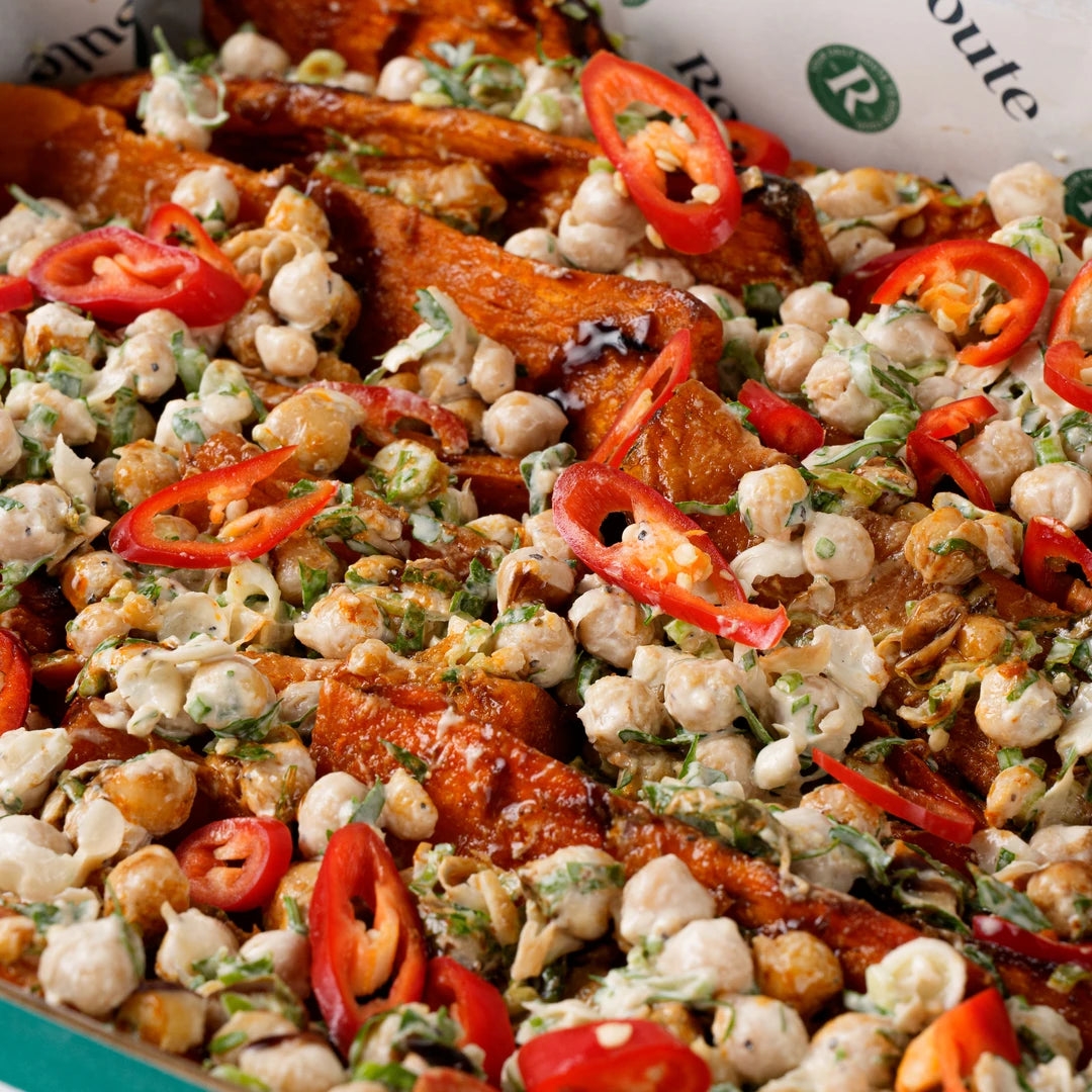 Sweet potato salad with tahini dressing and red chilli, office catering London