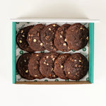 Triple Chocolate Cookie platter of 10 cookies in a Route Catering delivery box from above