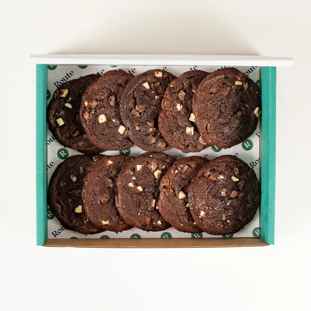 Triple Chocolate Cookie platter of 10 cookies in a Route Catering delivery box from above