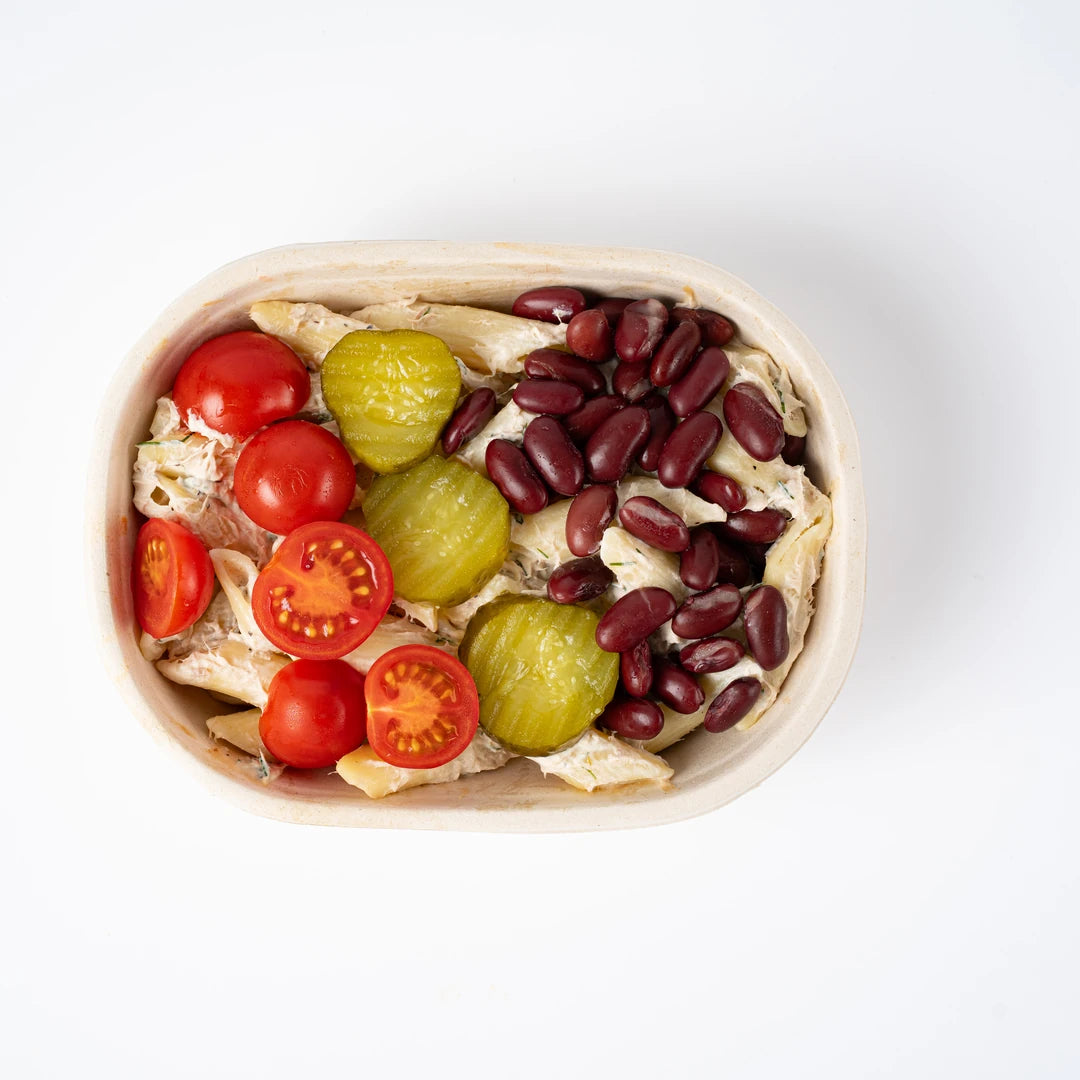 Tuna pasta with kidney beans, gherkins and tomato, viewed from above, Route Catering London