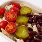 Close up of tuna pasta with cherry tomatoes and gherkins, Route Catering London