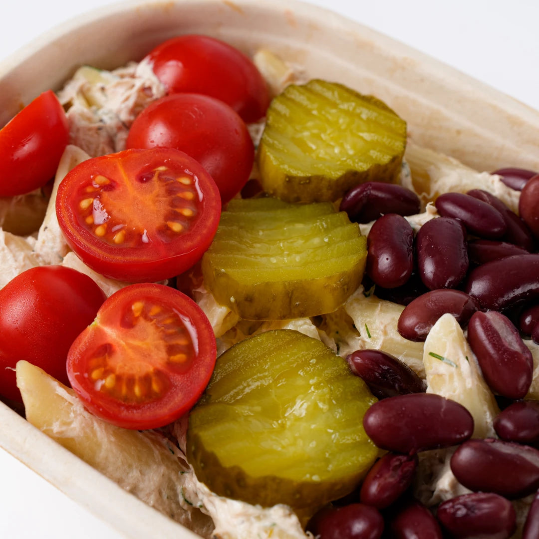 Close up of tuna pasta with cherry tomatoes and gherkins, Route Catering London