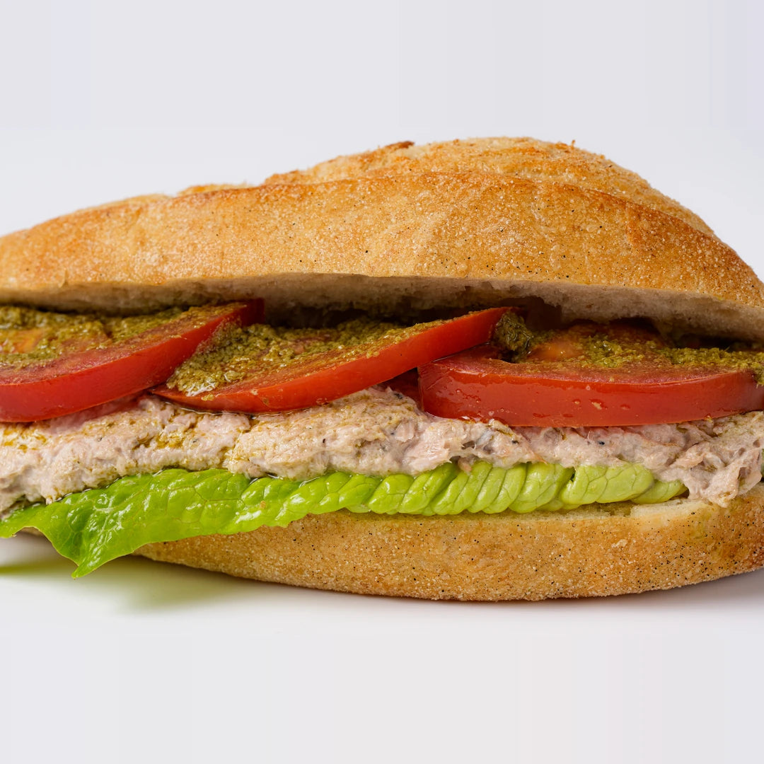 Close up of tuna pesto baguette with tomato and lettuce, Route Catering London