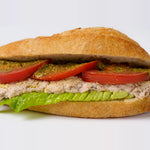 Close up of tuna pesto baguette with tomato and lettuce, Route Catering London