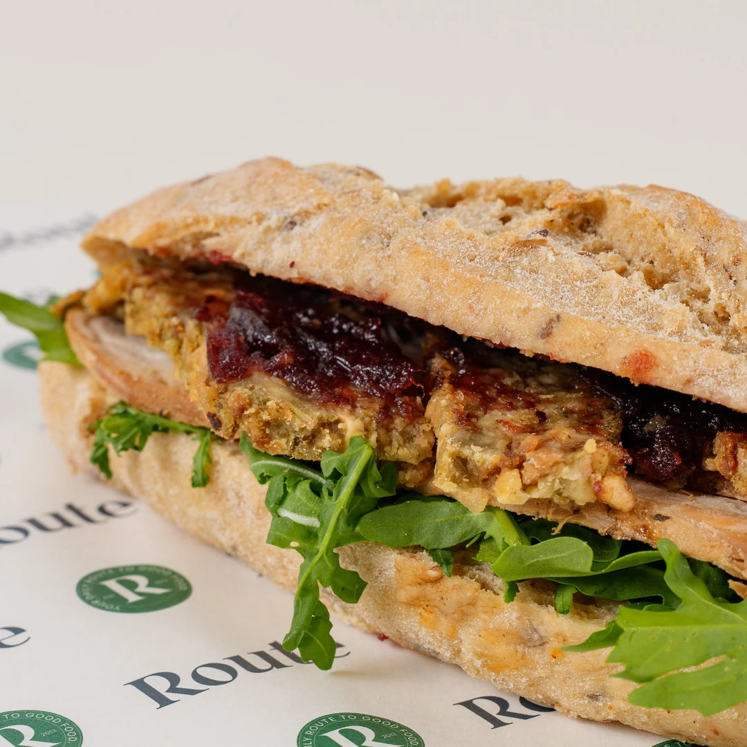 Close-up of the Turkey and Cranberry Baguette filling with cranberry sauce and stuffing - Route Catering