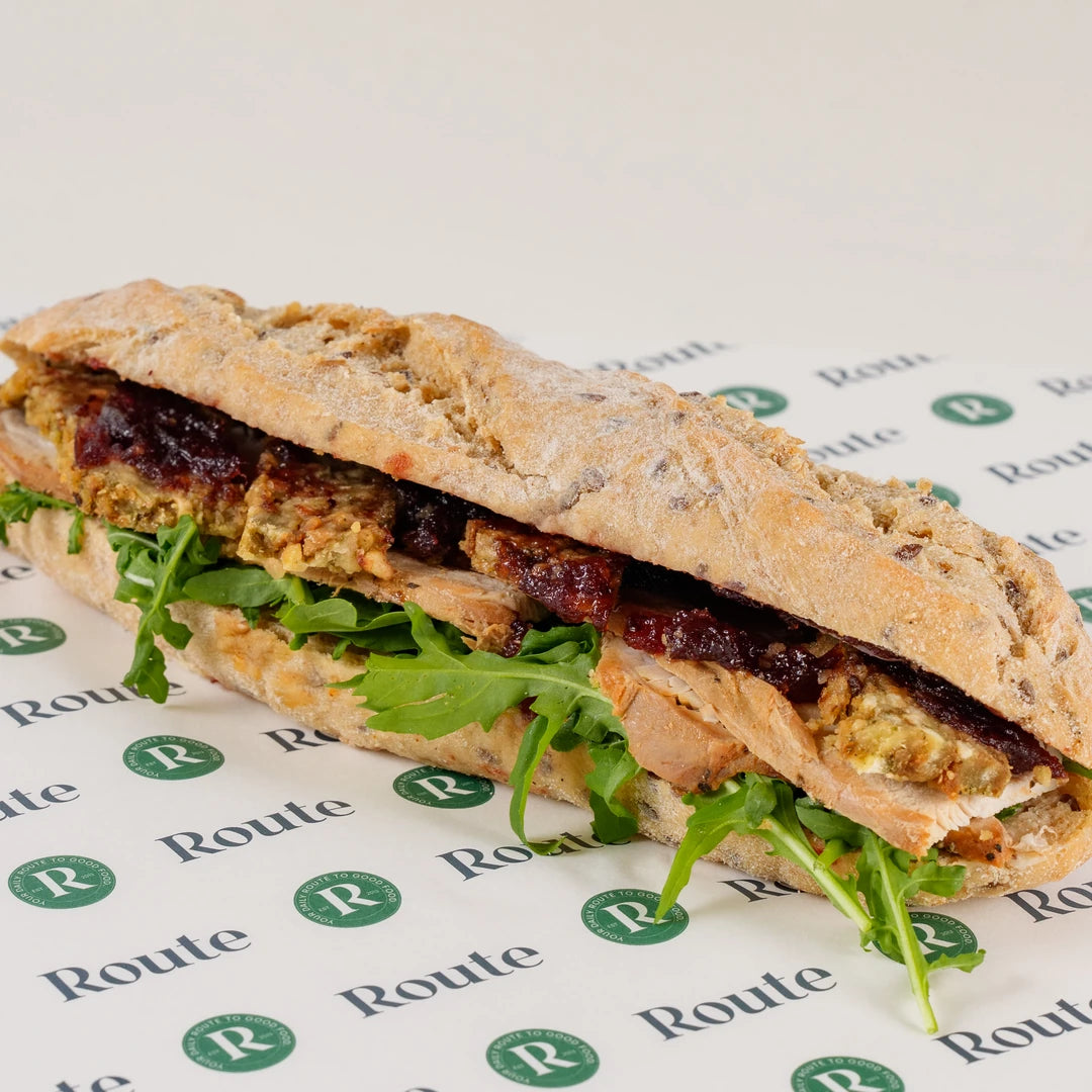 Turkey and Cranberry Baguette, side view of the seeded baguette - Route Catering