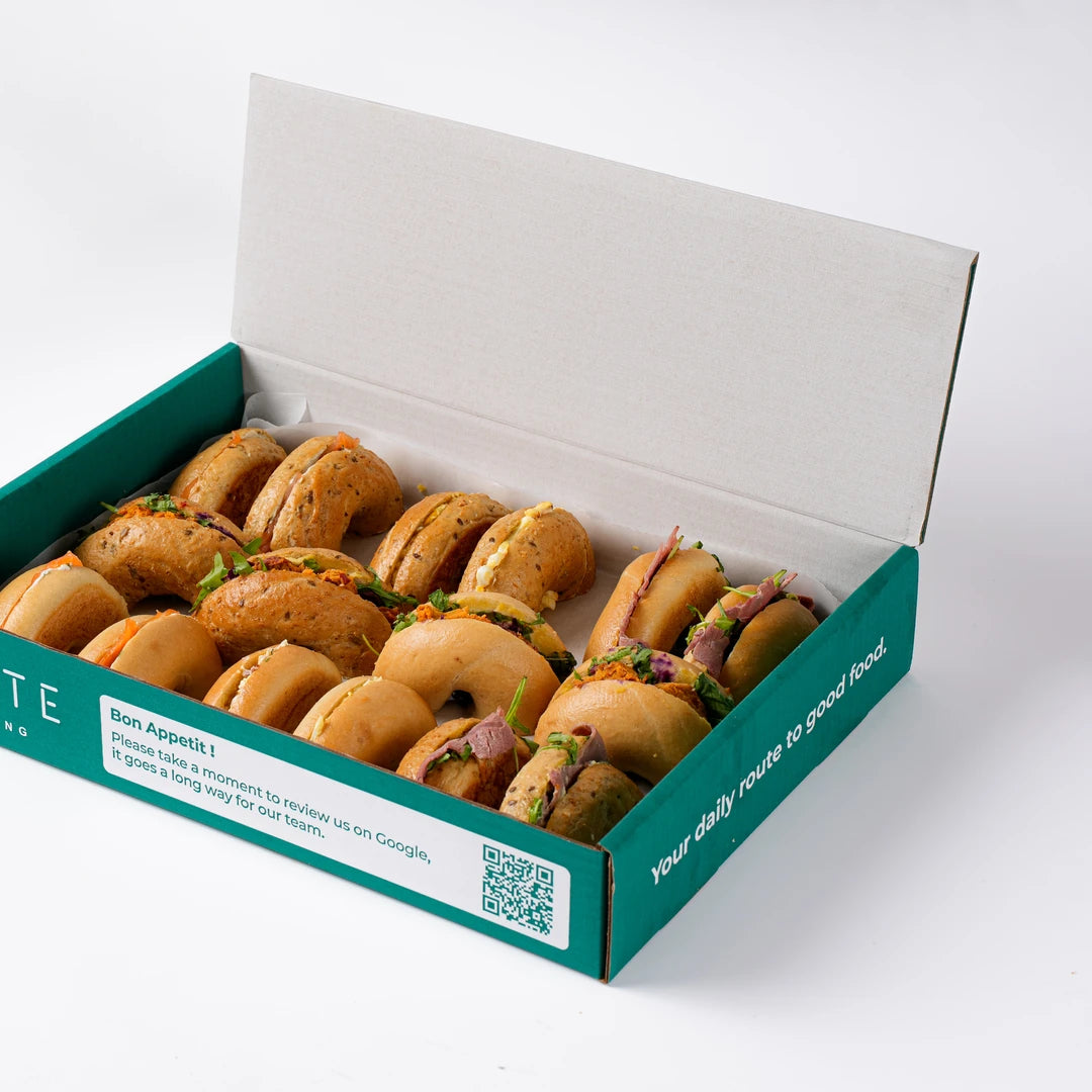Variety bagels in Route Catering delivery box, serves 8, London