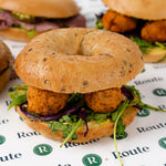 Close up of vegan kofta bagel from the variety platter, Route Catering London