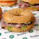 Close up of salt beef bagel from the variety platter, Route Catering London