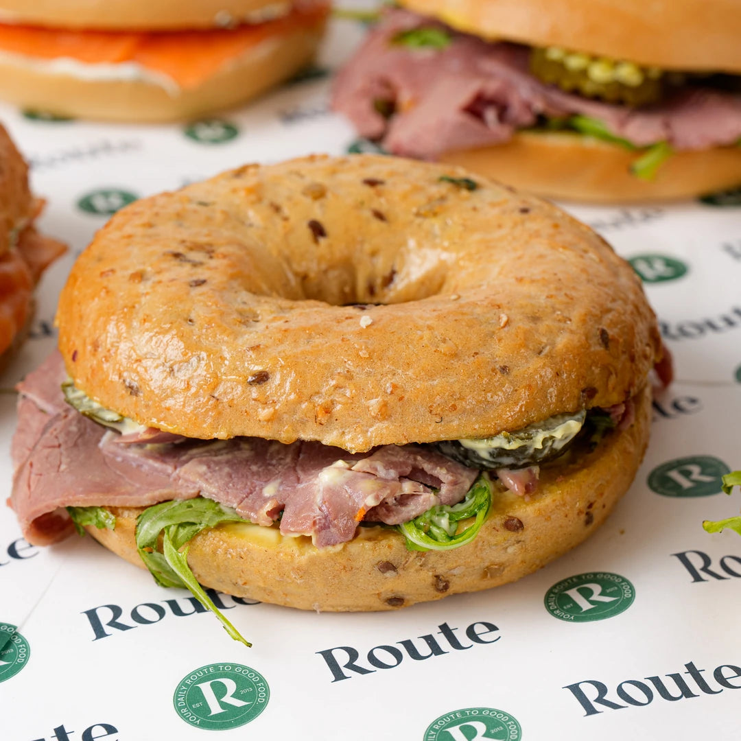 Close up of salt beef bagel from the variety platter, Route Catering London